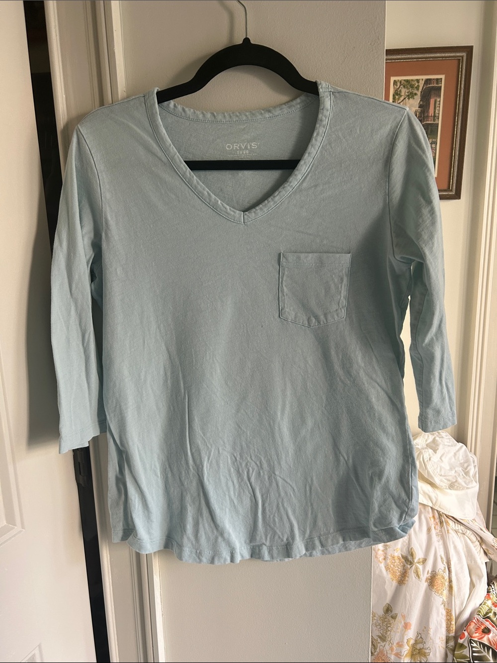 Orvis Women's Pale Blue V-Neck Long Sleeve Pocket Tee